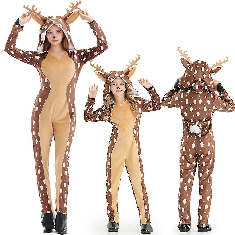 Sztlv Adult Child Christmas Reindeer Costume Girls Women Hooded Cozy Fawn Deer Costume Onesie Fawn Deer Jumpsuit Costume For Kids L