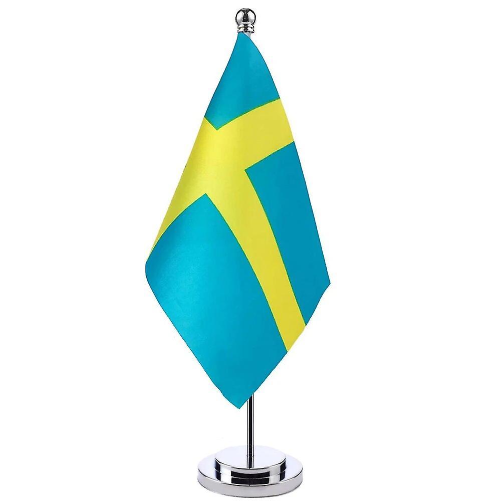 Scitoo 14x21cm Mini Flag Of Sweden Banner Meeting Boardroom Table Desk Stand Stainless Steel Pole The Swedish Flag National Design Sweden Silver Color