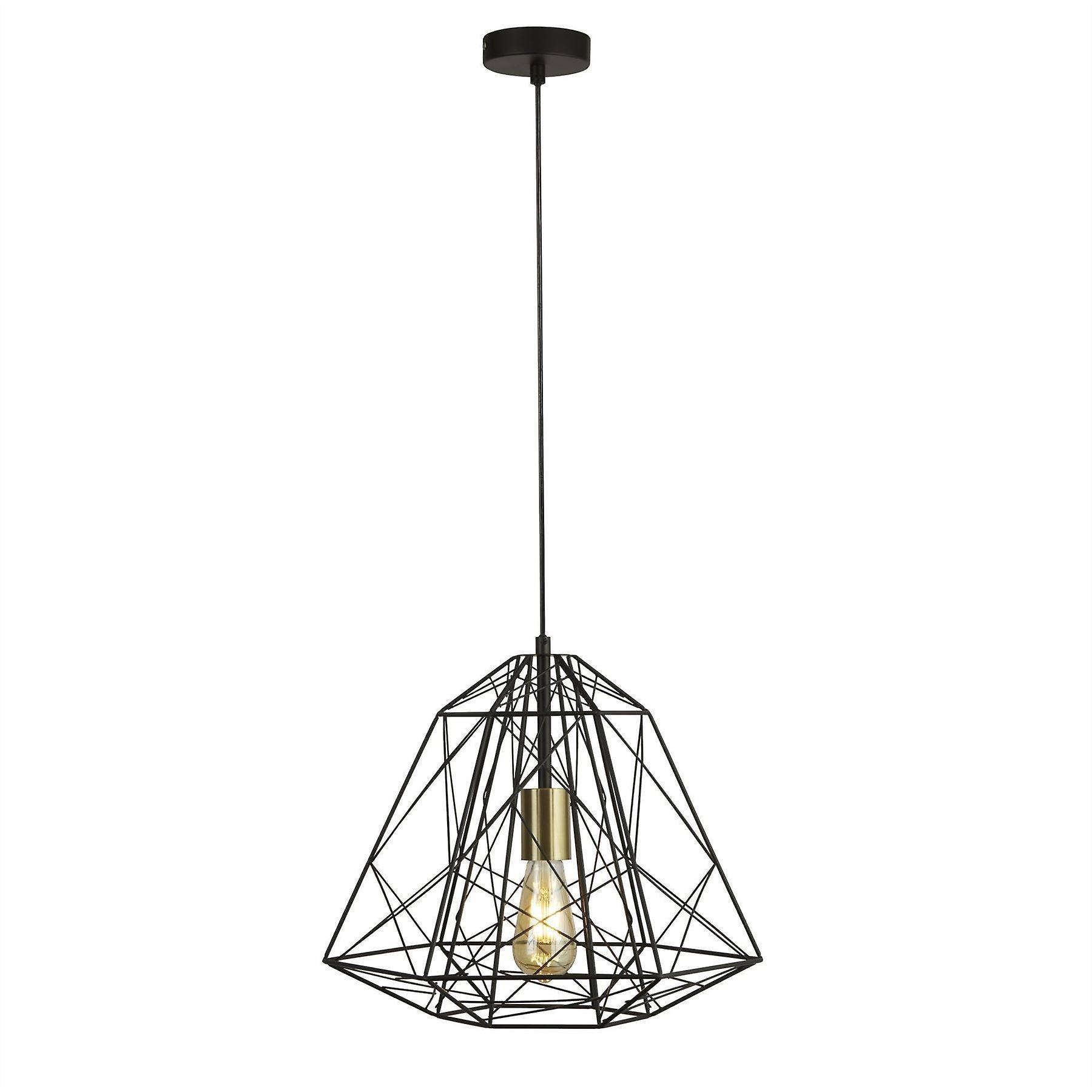 Searchlight Lighting Geometric Cage 1 Light Pendant Matt Black, Satin Brass, E27