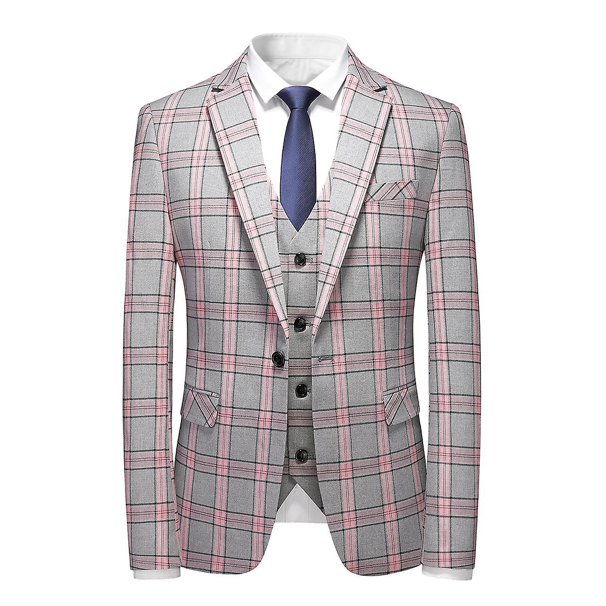 Allthemen Men's Business Wedding Plaid Slim Fit One Button Blazer Pink M