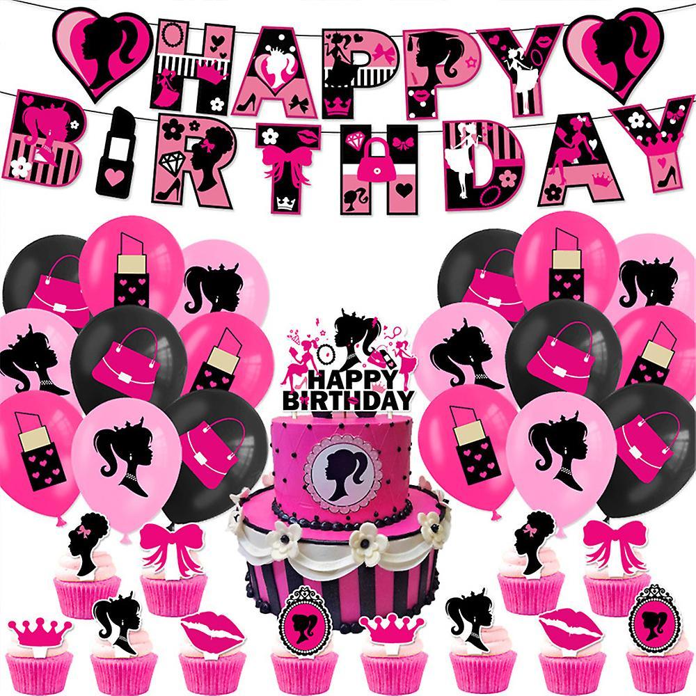 Bestdaily Barbie Pink Theme Birthday Party Decorations For Adult Kids Party Supplies & Favor Include Happy Birthday Banner, Balloons, Cake Toppers