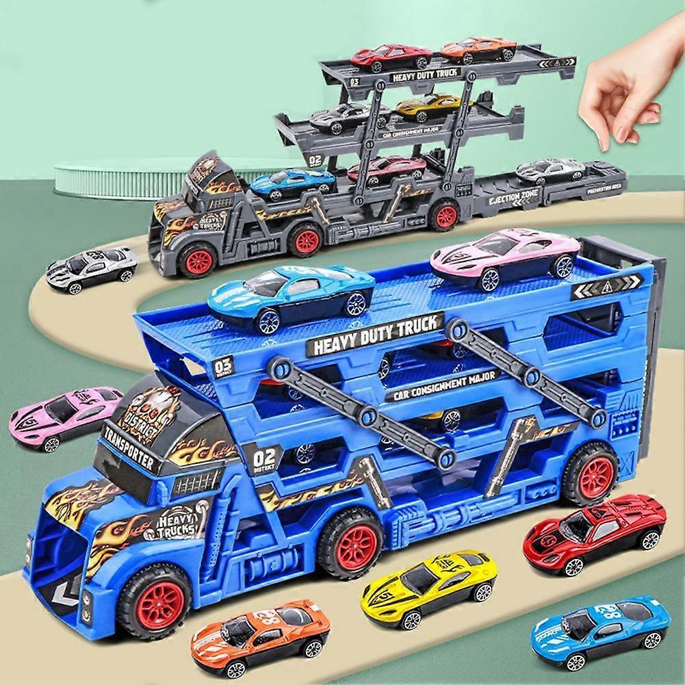 Toy Cars Car Transporter Truck Toys Mega Hauler Trucks For 2-10 Years Old Alloy Trolley Three-layer Deformed Container Truck Transporter Blue