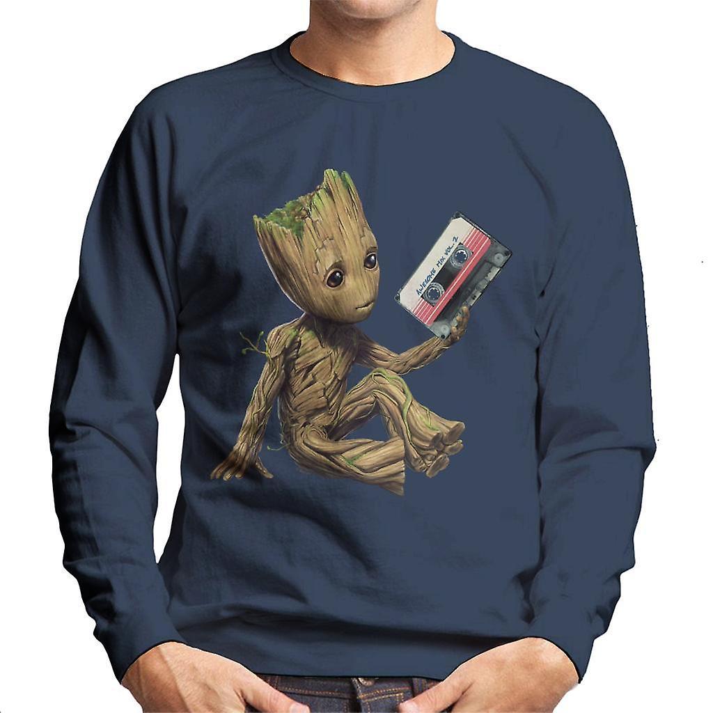 Marvel Guardians Of The Galaxy Vol 2 Groot Holding Awesome Mix Men's Sweatshirt Navy Blue Medium