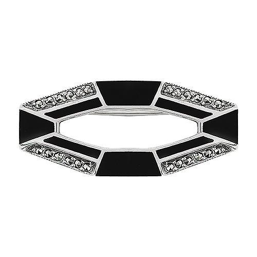 Gemondo Art Deco Style Cabochon Black Onyx & Marcasite Brooch in 925 Sterling Silver 26659 One Size