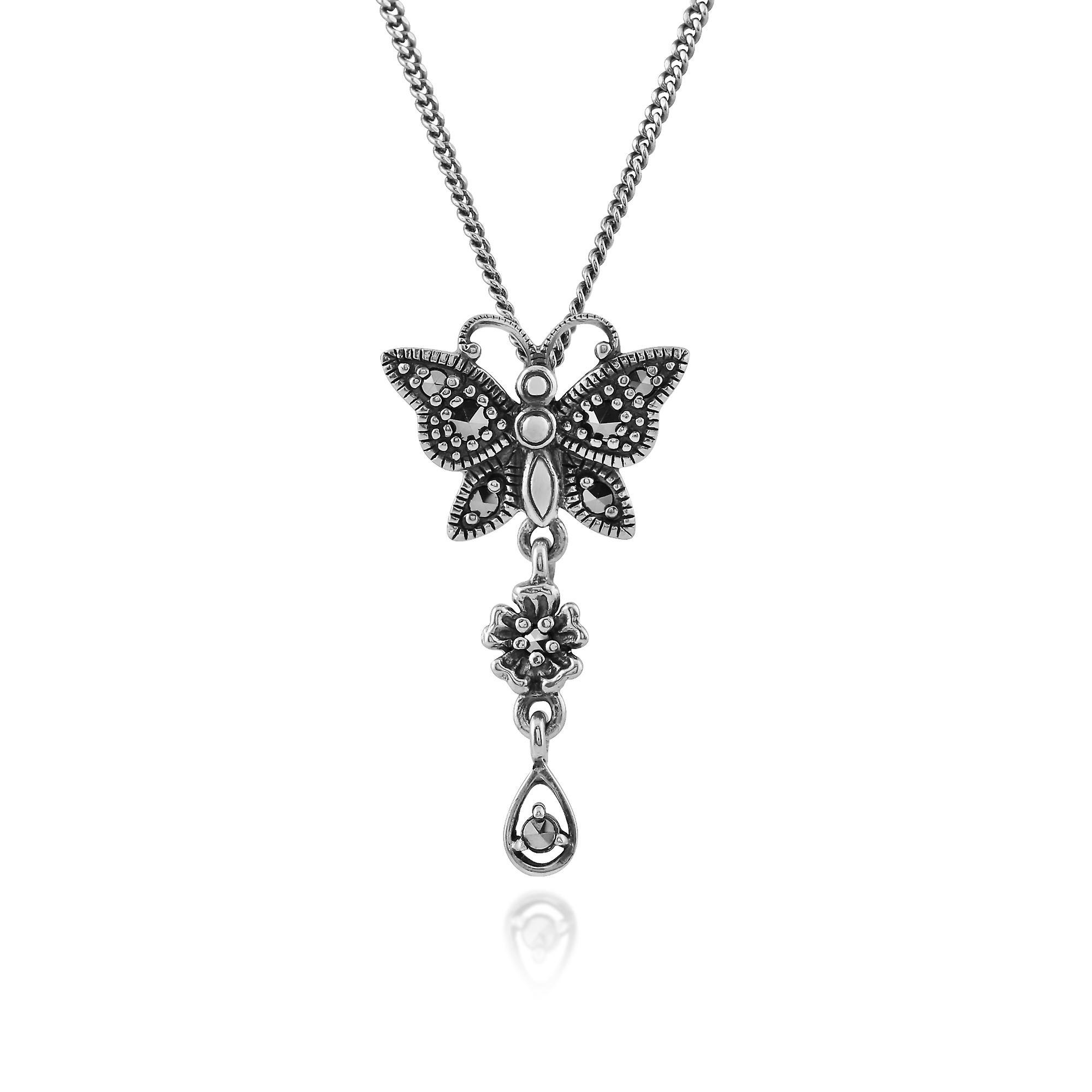 Gemondo Art Nouveau Style Round Marcasite Butterfly Pendant Necklace in 925 Sterling Silver 214N465301925 One Size