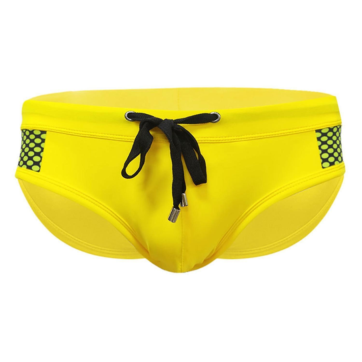 Merryso Men Summer Swim Briefs Low-rise Drawstring Sexy Swimming Briefs Dot Stitching Print Swimming Trunks Yellow L