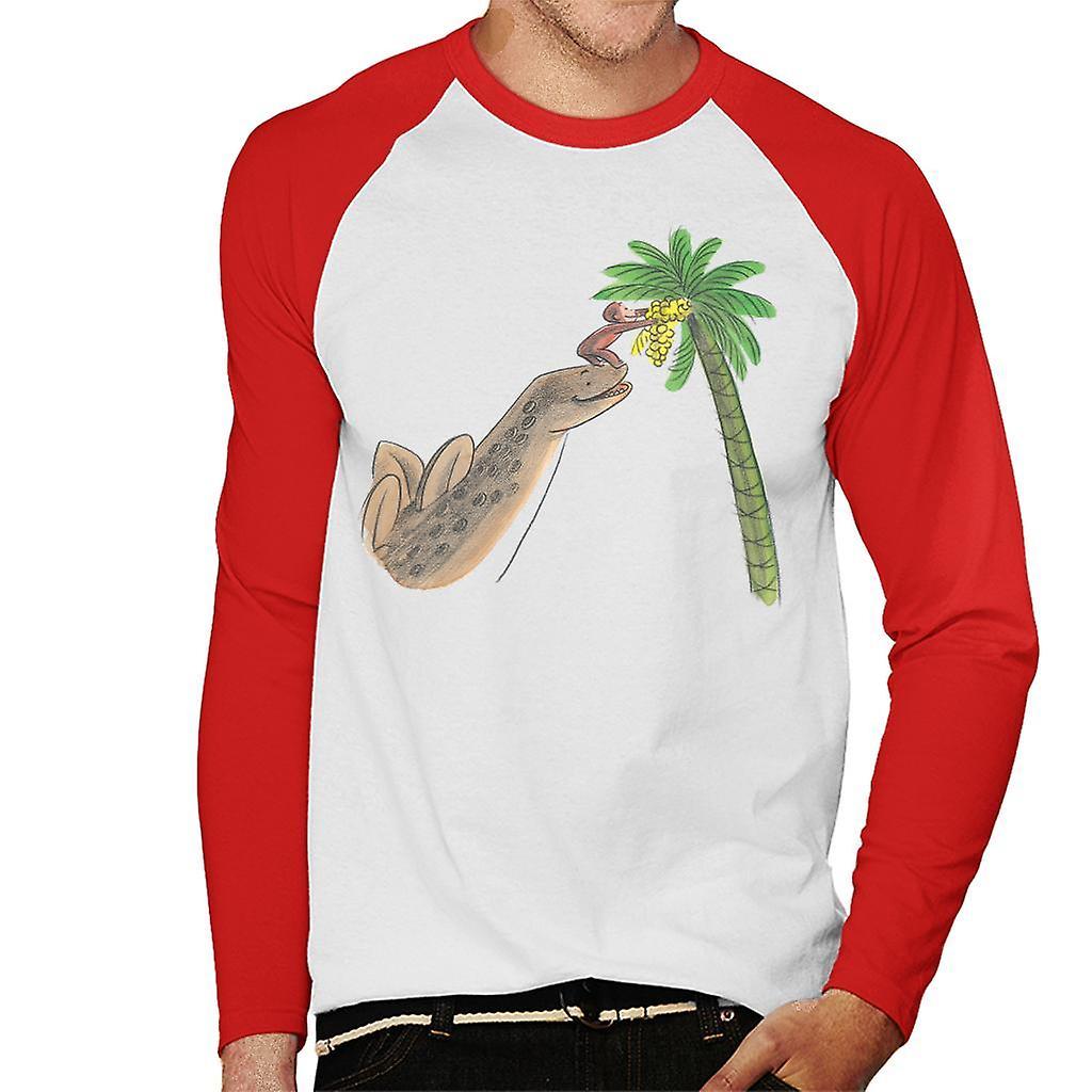 Curious George Dinosaur Palm Tree Men's Baseball Long Sleeved T-Shirt White/Red Large