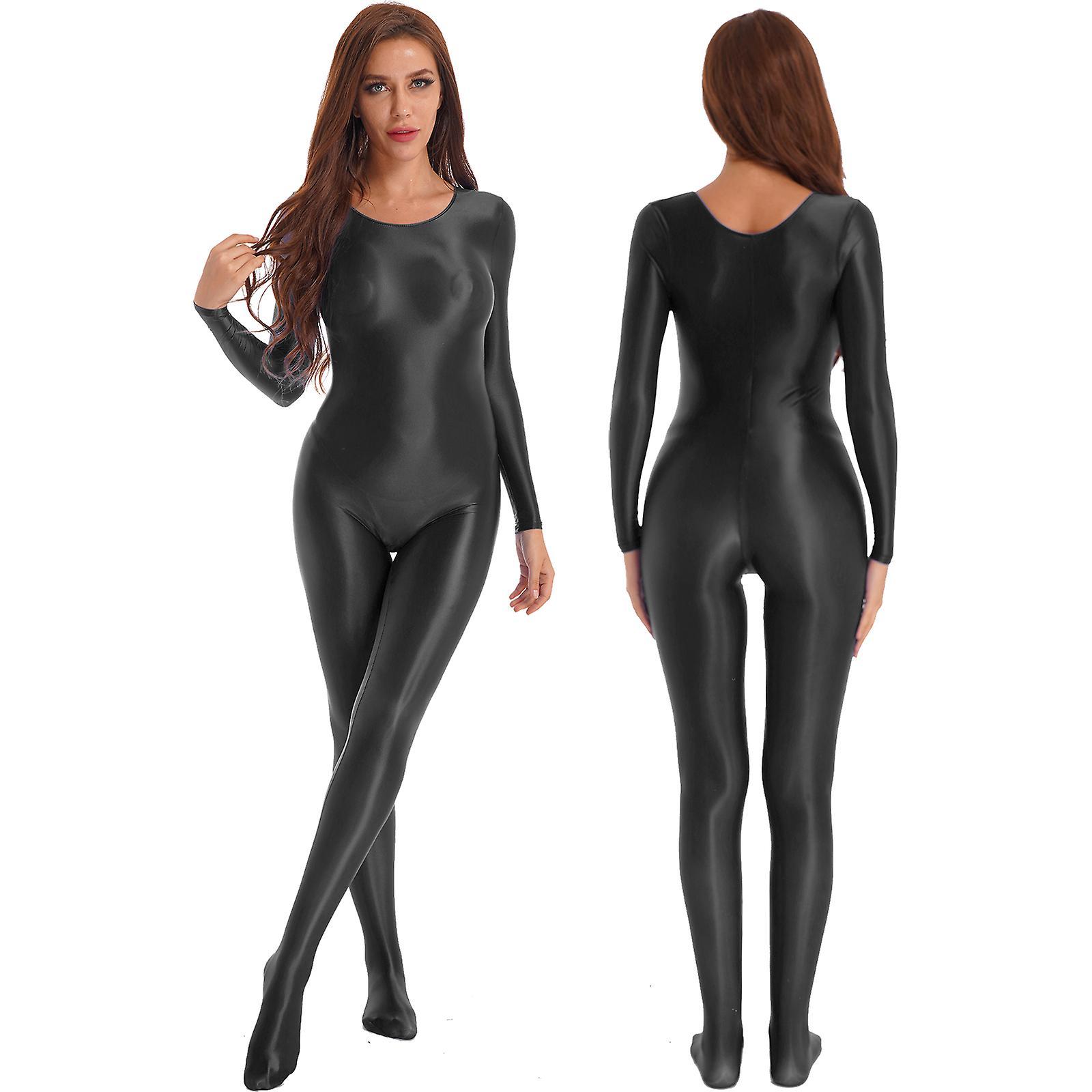 Cytlv 9 Colors Sexy Women Glossy Swimsuit Swimwear Long Sleeve Teddies Bodysuit Bodystockings Silky Full Body Suit Jumpsuit Rash Guard Black M