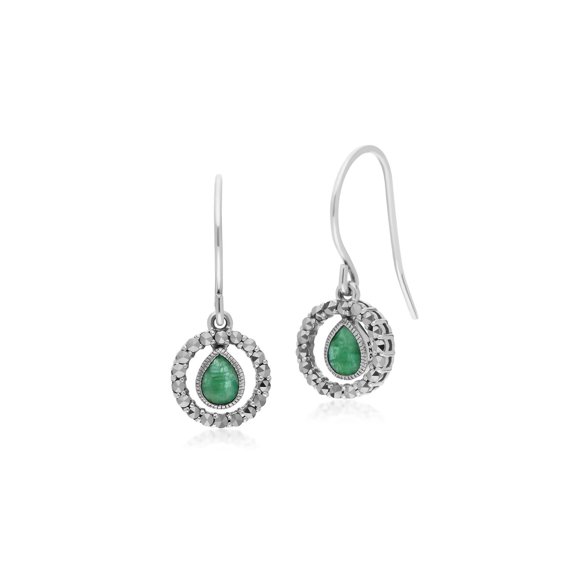 Gemondo Classic Pear Emerald & Marcasite Round Halo Drop Earrings in 925 Sterling Silver 214E872803925 One Size