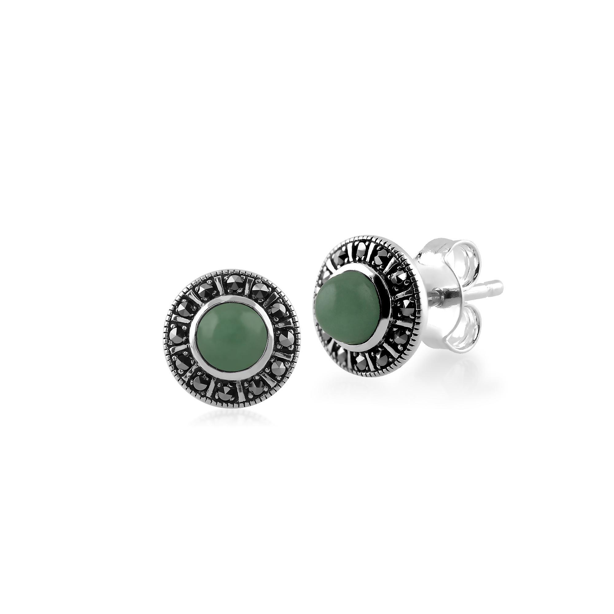 Gemondo Art Deco Style Round Green Jade & Marcasite Halo Stud Earrings in 925 Sterling Silver 214E850401925 One Size