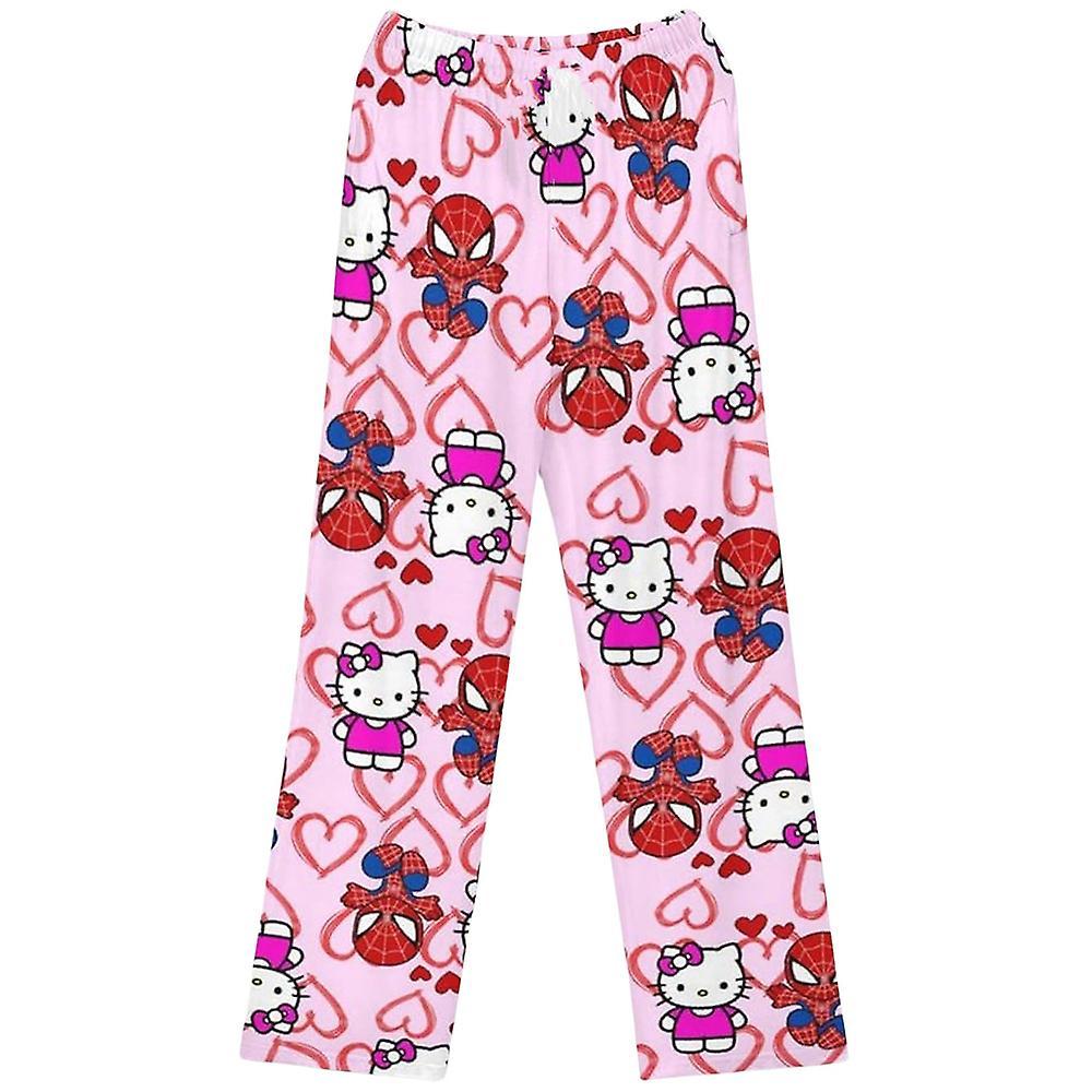 Manchalk Ladies Hello Kitty Spiderman Pajamas Pants Y2k Fairy Sanrio Cartoon Flannel Autumn Cozy Warm Womens Soft Home Trousers Fashion Pink Kitty L