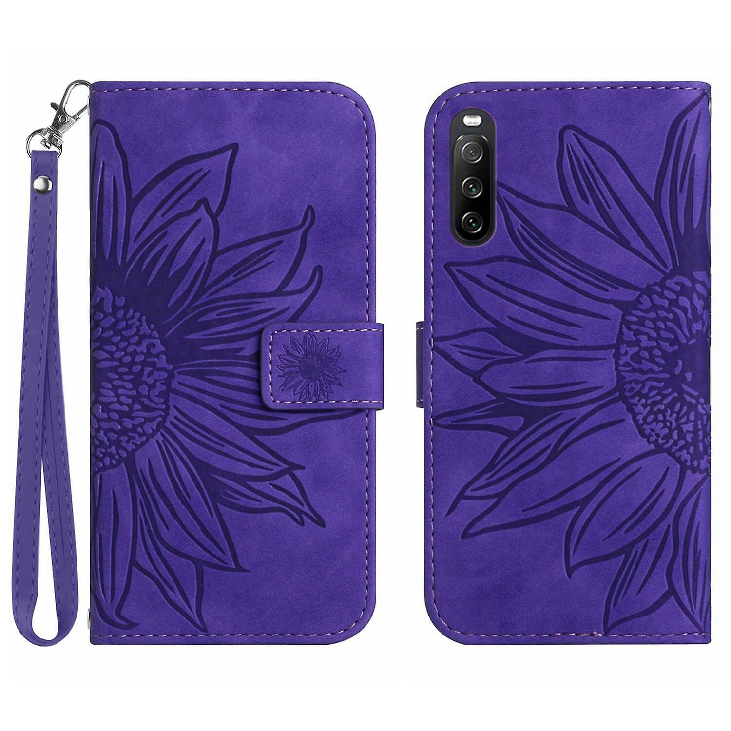 Foxdock FLOODKING Compatible With Sony Xperia 10 III Embossed Sunflower Magnetic Card Holder Wallet Phone Case with Short Strap Dark Purple