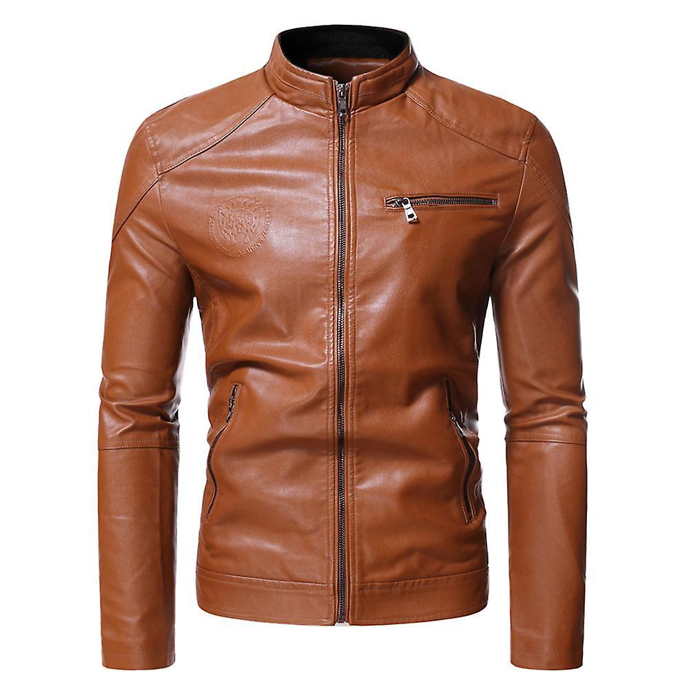 Allthemen Mens Classic PU Leather Thicken Everyday Wear Jacket Brown XS