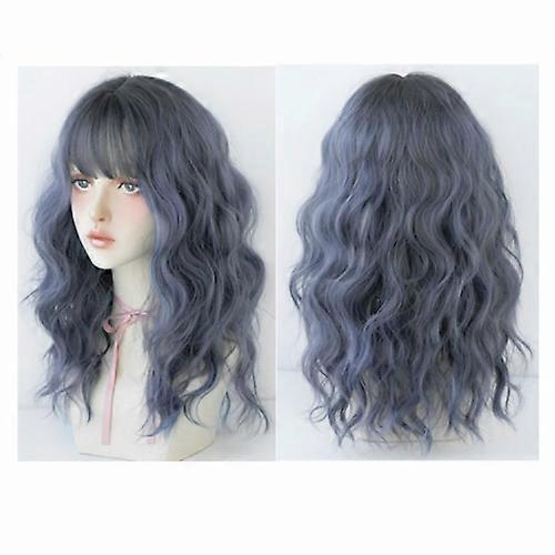 Csk Women's Wool Long Hair With Bangs Natural Fluffy Wig Haze Blue