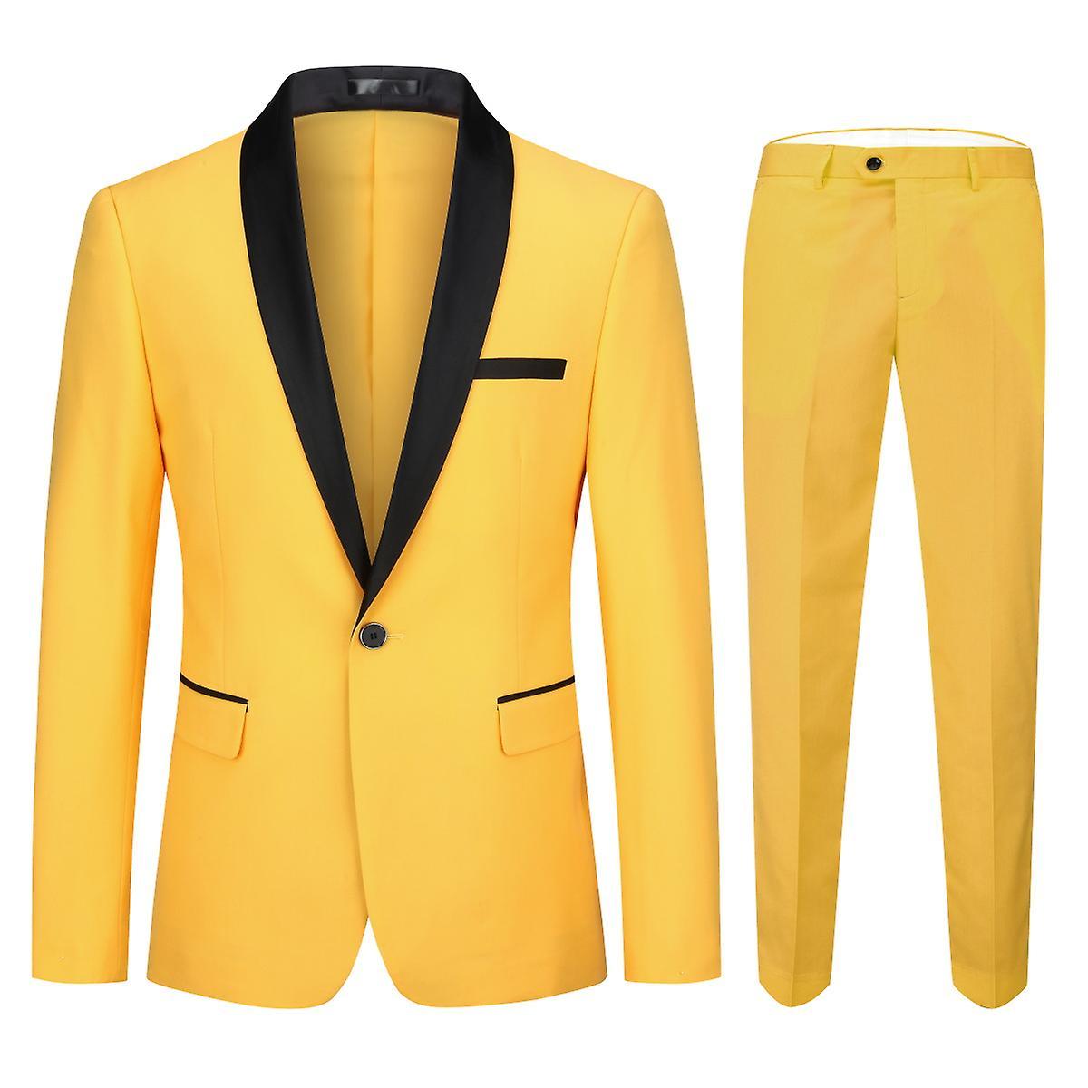 Yynuda Mens 2-piece Formal Tuxedo Colorblock Shawl Lapel Wedding Banquet Slim Fit Suit (blazer + Pants) Yellow XL