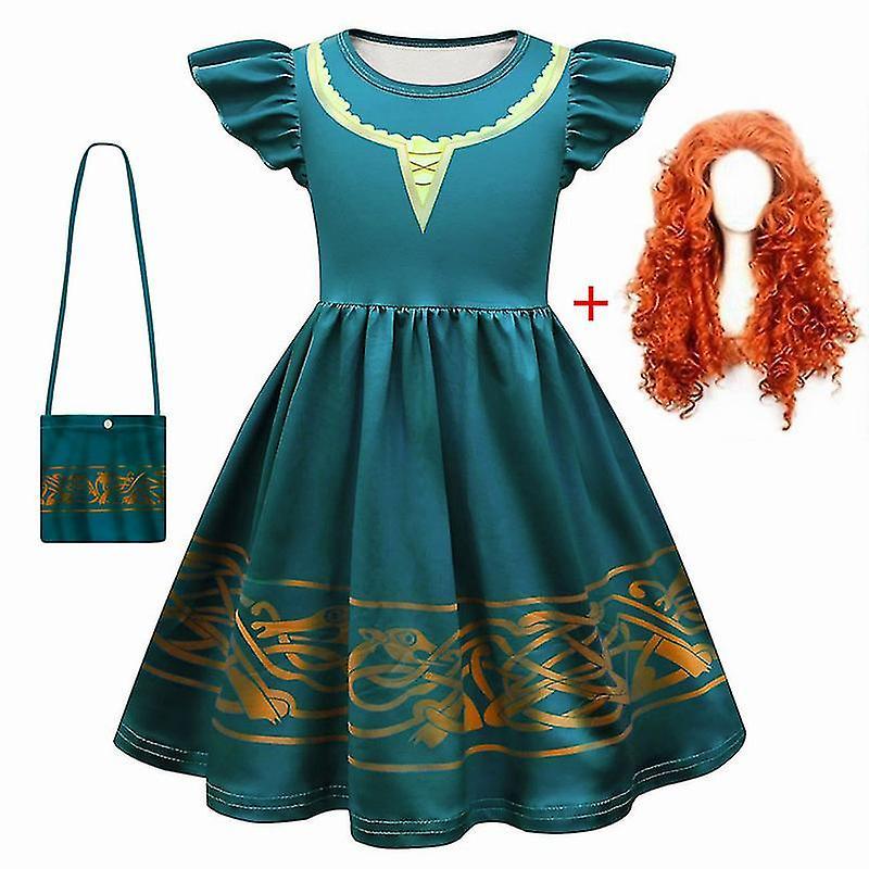 Duqi Halloween Girls Merida Cosplay Dress Brave Performance Costume Summer Birthday Party Green Gothic Vintage Dresses Wig 771dress-wig-bag 4T(110)