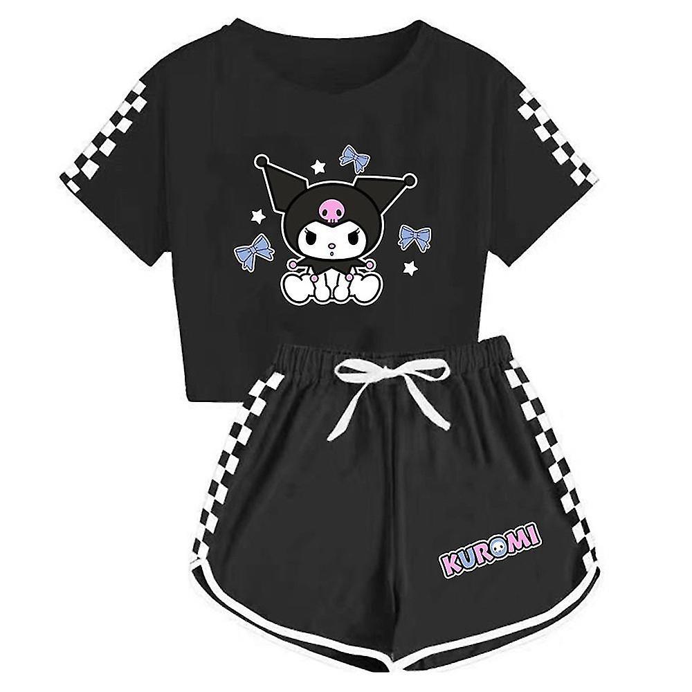 Shinestar Kids Teens Girls Boys Kuromi Printed Tracksuit Summer Short Sleeve T-shirts+shorts Sports Outfits Set Gifts 5-14 Years Black 10-12 Years