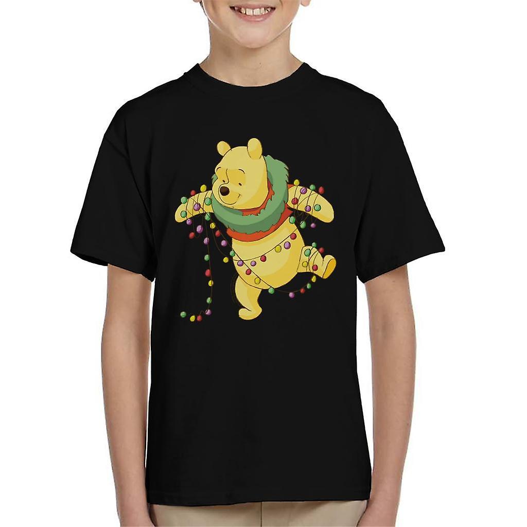 Disney Christmas Winnie The Pooh Tangled In Festive Lights Kid's T-Shirt Black Medium (7-8 yrs)