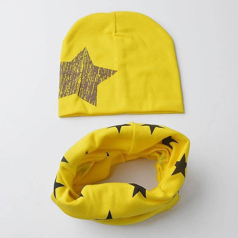 Slowmoose Winter Spring Baby Hat Scarf Set- Cotton Baby Cap Star Print Kids Hats, Newborn big star yellow