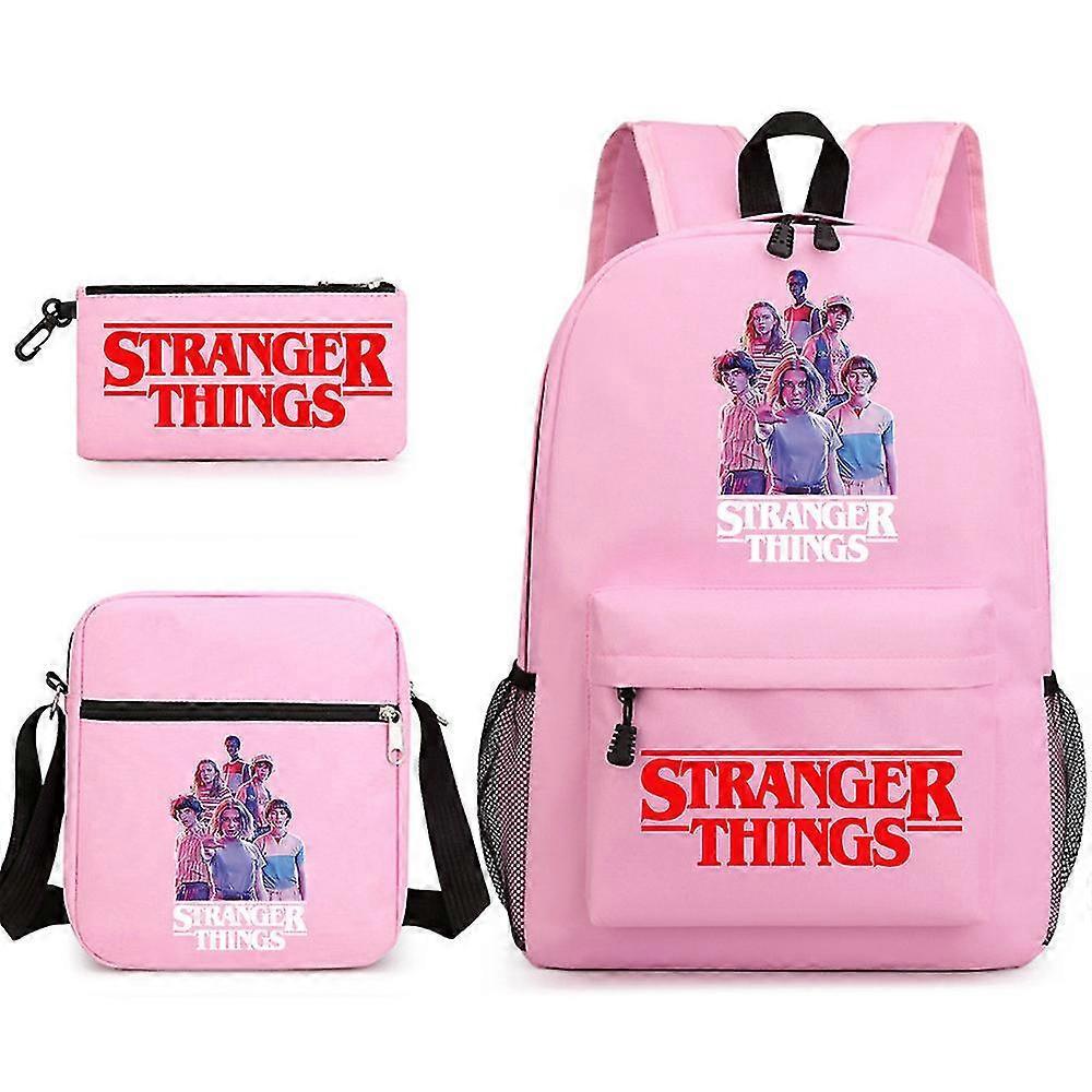 Bagadawang Stranger Things Backpack Three-piece Set Student School Bag Canvas Bag Pink