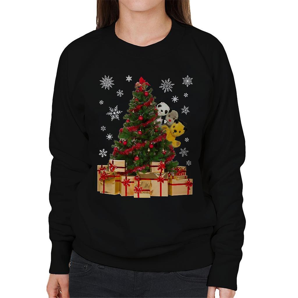 Sooty Christmas Characters Peeking Around Xmas Tree Women's Sweatshirt Black Medium