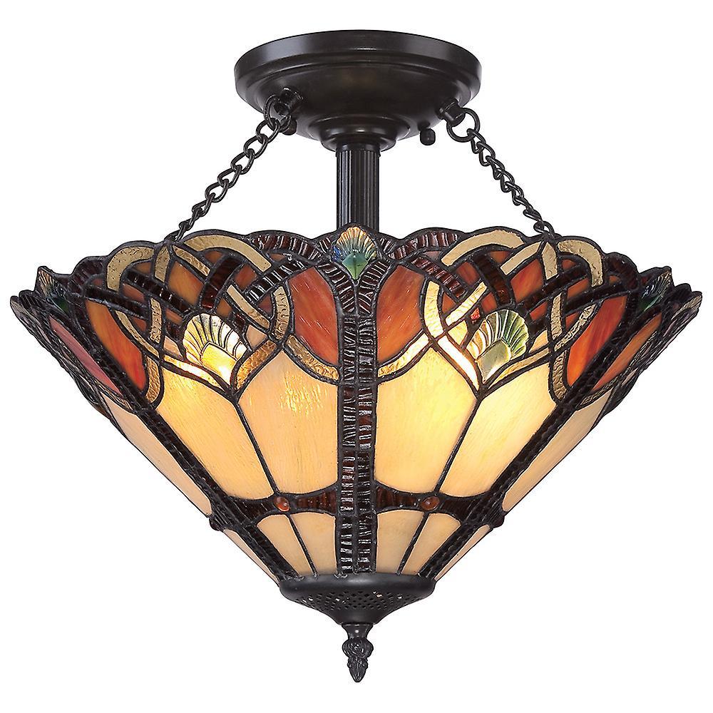 Cambridge 2 Light Semi Flush Ceiling Light Vintage Bronze Tiffany Glass E27