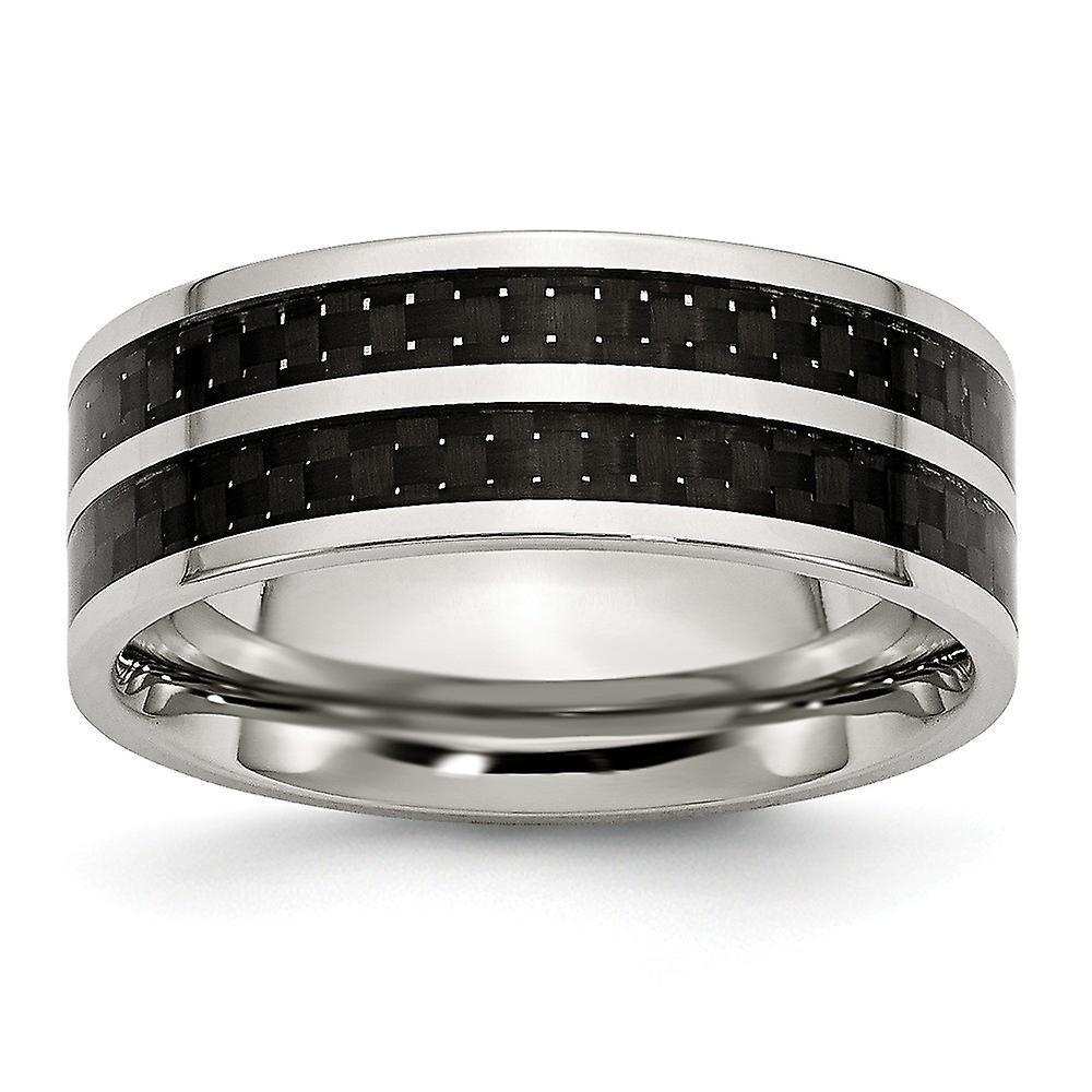 Chisel Stainless Steel Flat Band Engravable 8mm Double Row Black Carbon Fiber Inlay Polished Band Ring Jewelry Gifts for Women 13