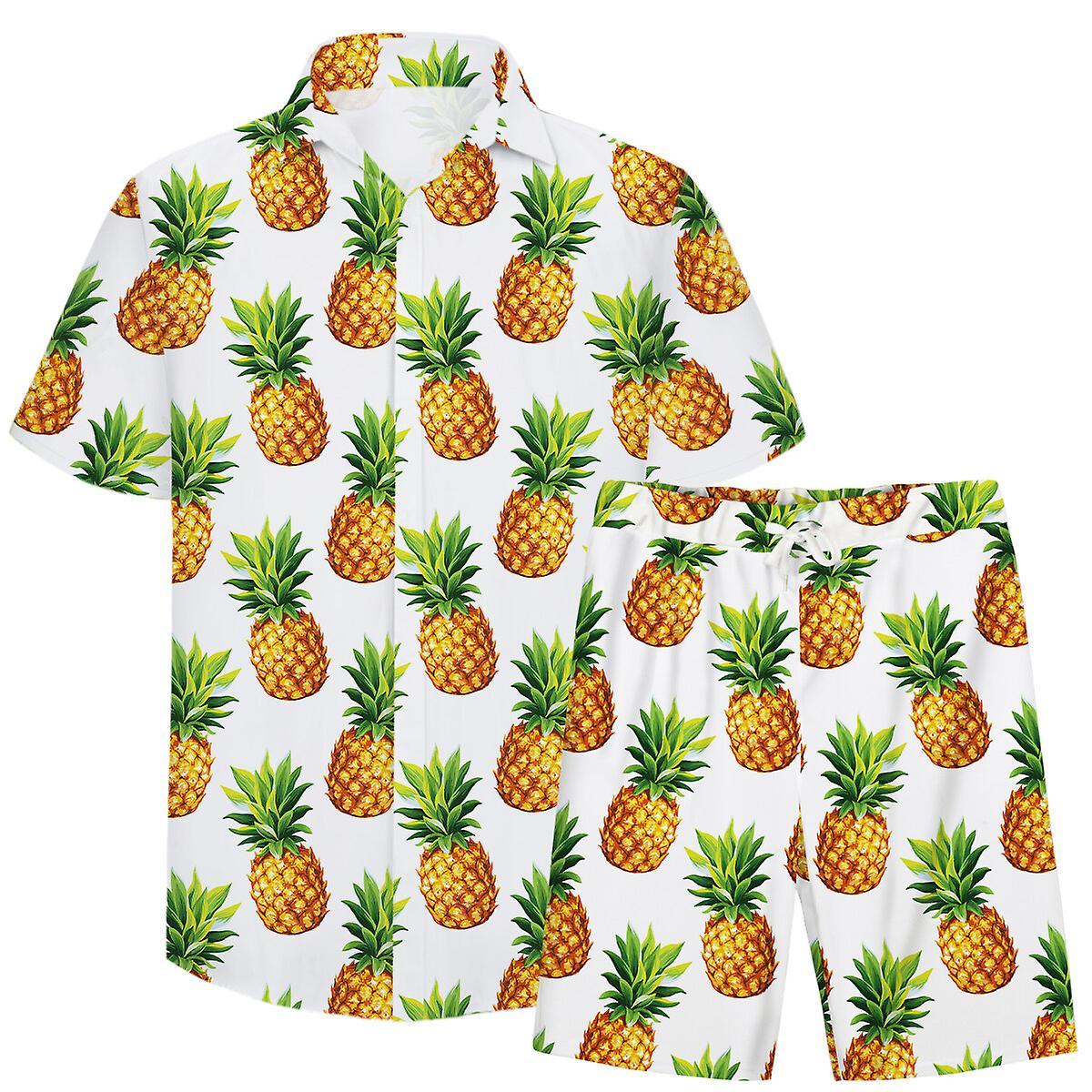 Allthemen Mens 2-Piece Summer Pineapple Printed Beach Shirt&Shorts White/Yellow/Green L