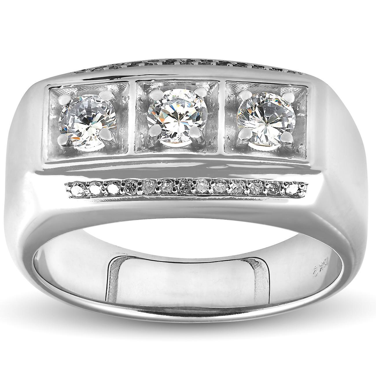 Pompeii3 1ct Diamond Mens Three Stone Wedding Anniversary Ring 10k White Gold 9