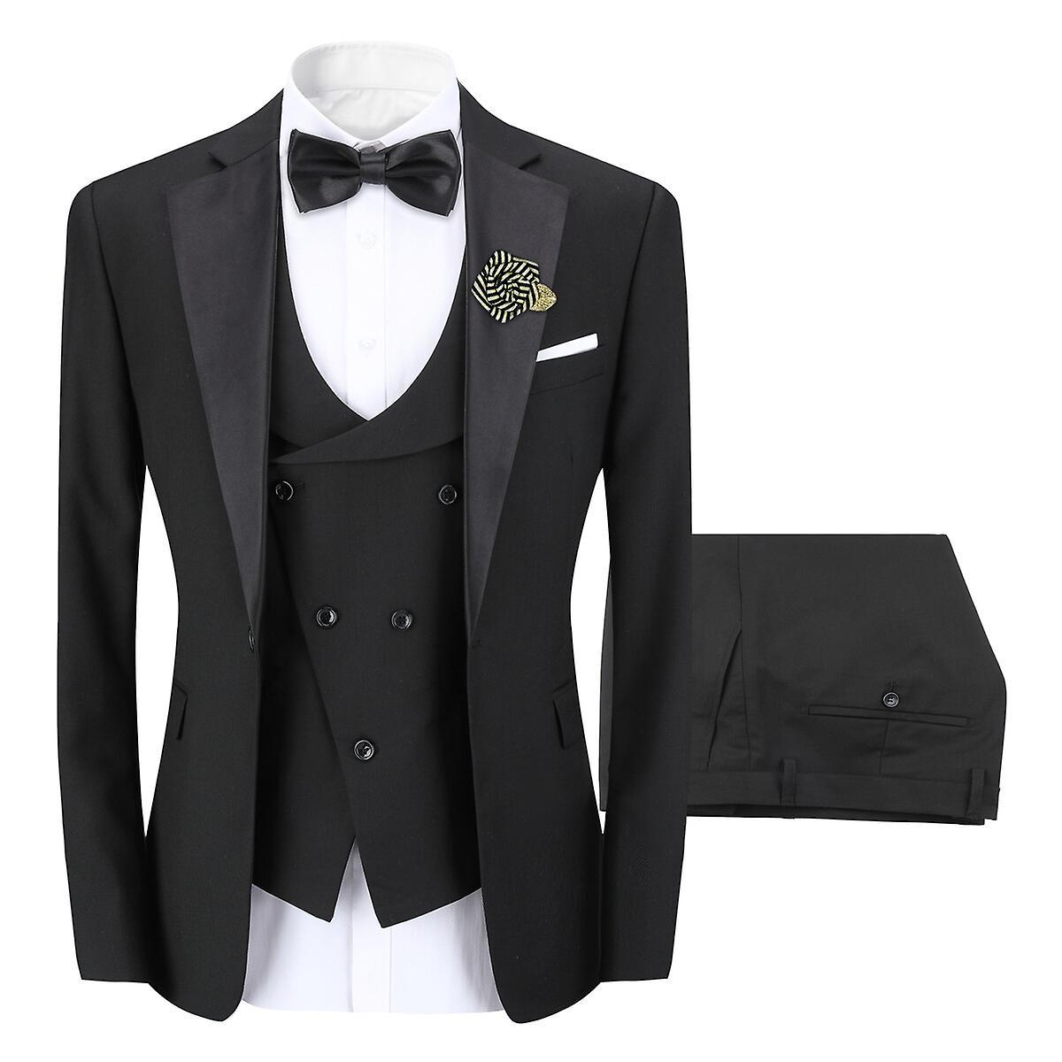 Sliktaa Mens 3 Piece ColorBlock Suits Dress Wedding Party Blazer and Waistcoat and Pants Black M