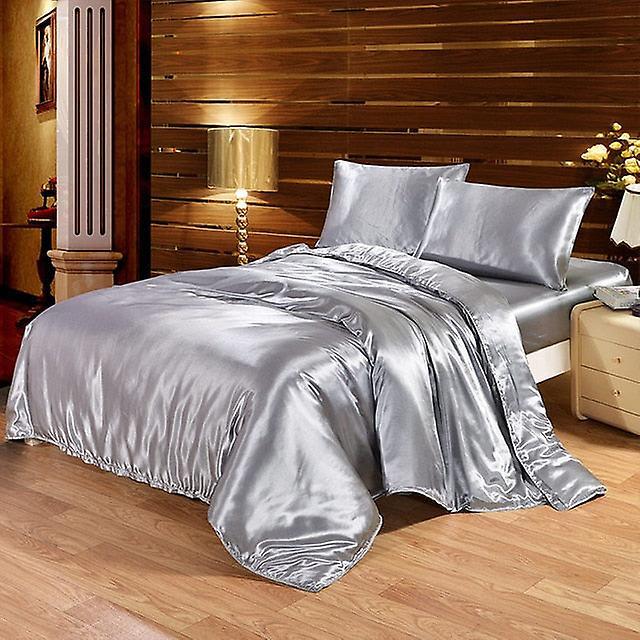 Slowmoose 4pcs Luxury Silk Bedding Set Satin Queen King Size Bed Set Comforter Quilt Grey 1.8m bed 4pcs / Flat Bed Sheet