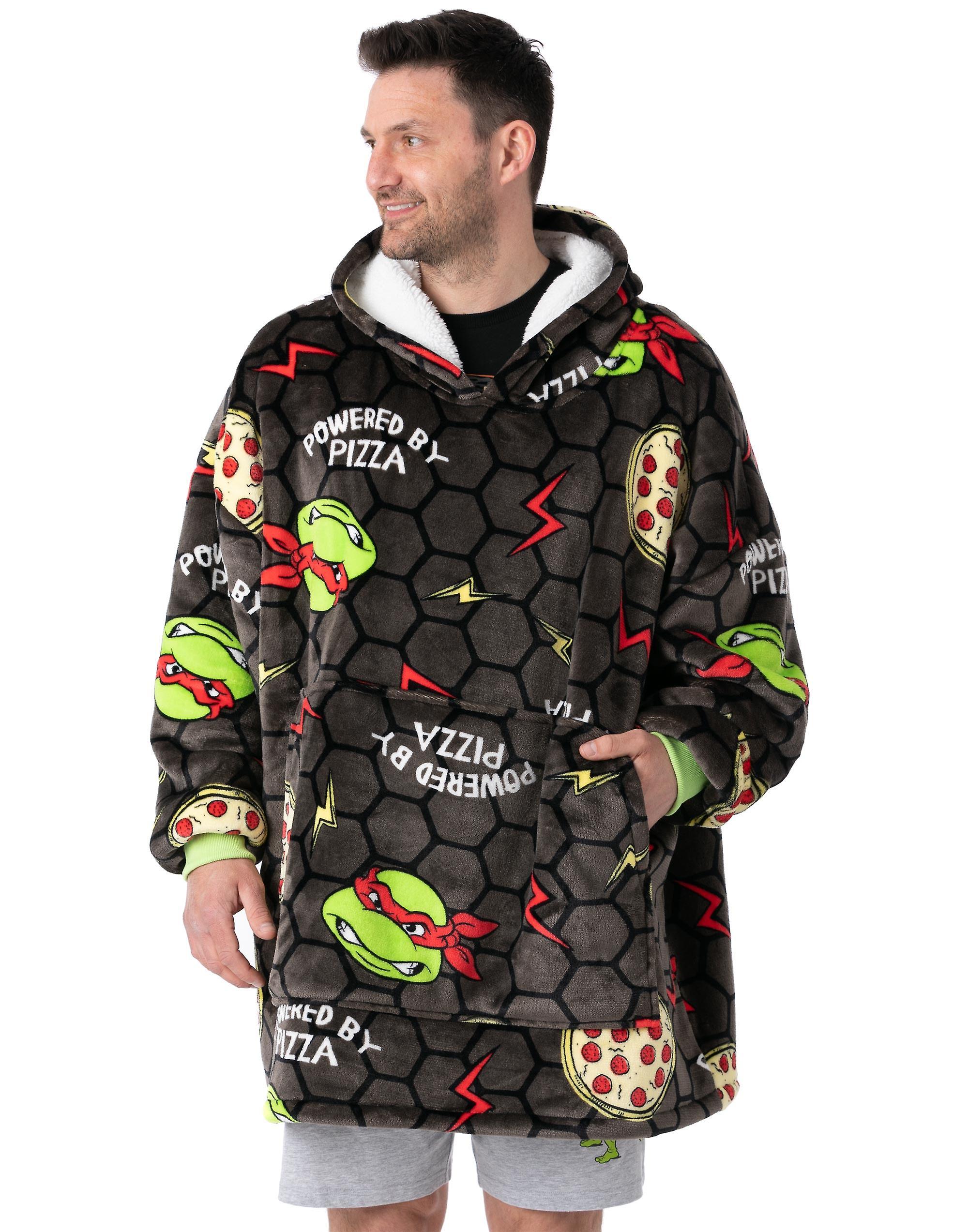 Teenage Mutant Ninja Turtles Mens Blanket Hoodie Grey Powered By Pizza - One Size