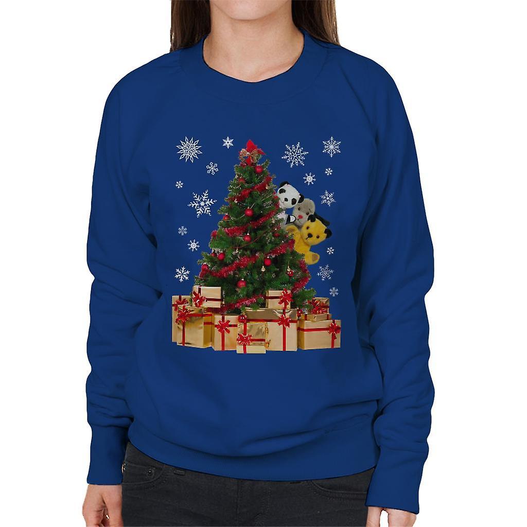 Sooty Christmas Characters Peeking Around Xmas Tree Women's Sweatshirt Royal Blue Medium