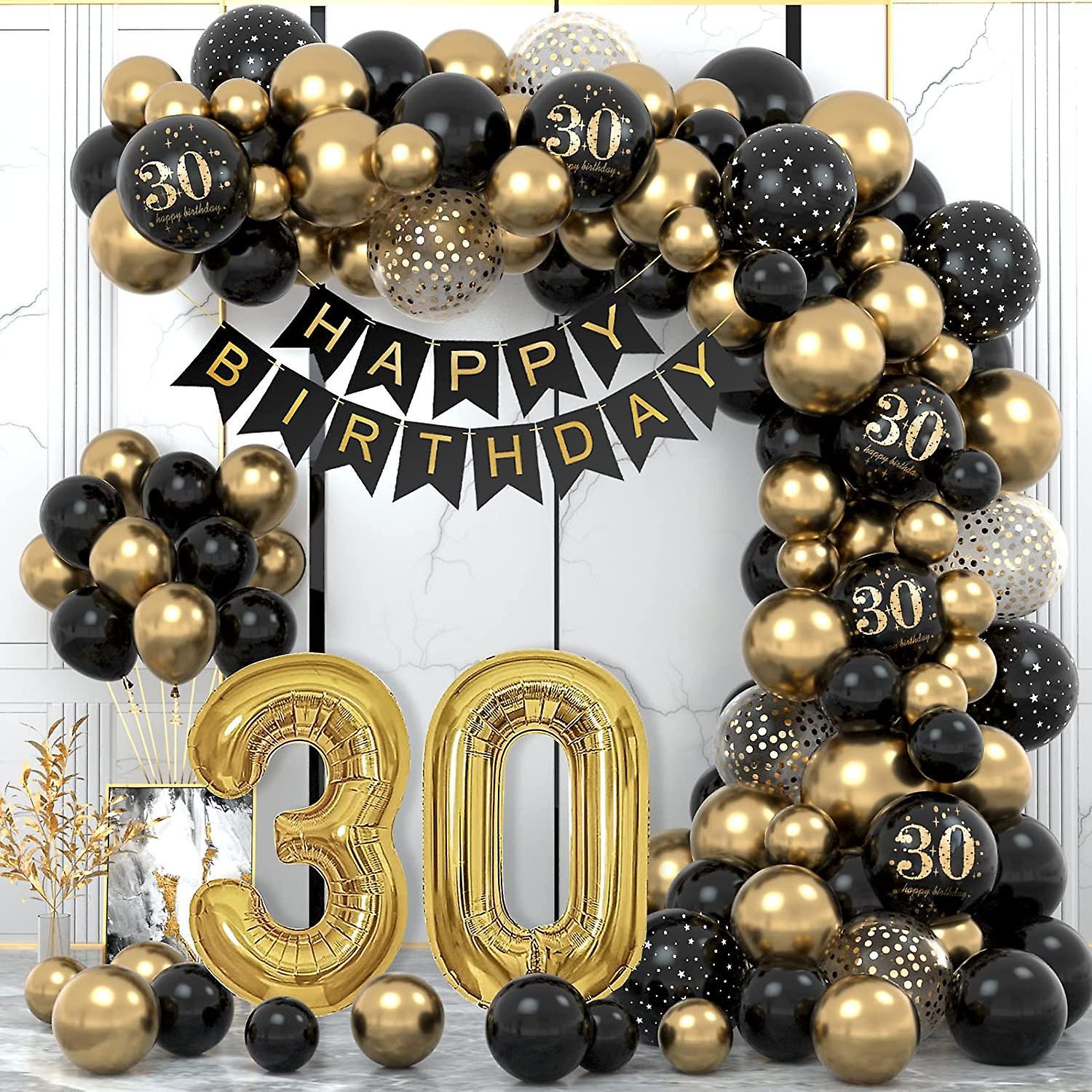 Fongwan 30th Birthday Decoration, 30th Man Women Party Birthday Decorations, Happy Birthday Garland Balloon Black Gold Decoration