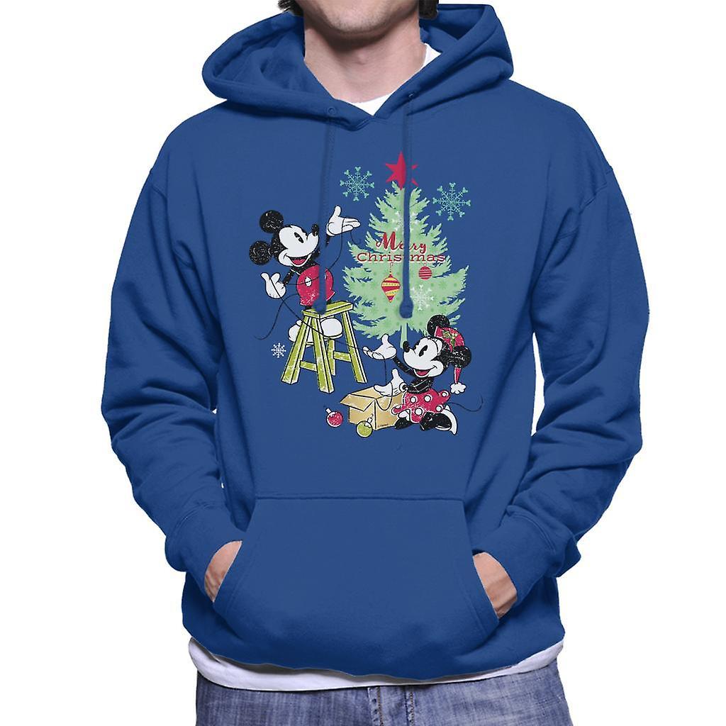 Disney Christmas Mickey And Minnie Mouse Decorating Men's Hooded Sweatshirt Royal Blue Medium