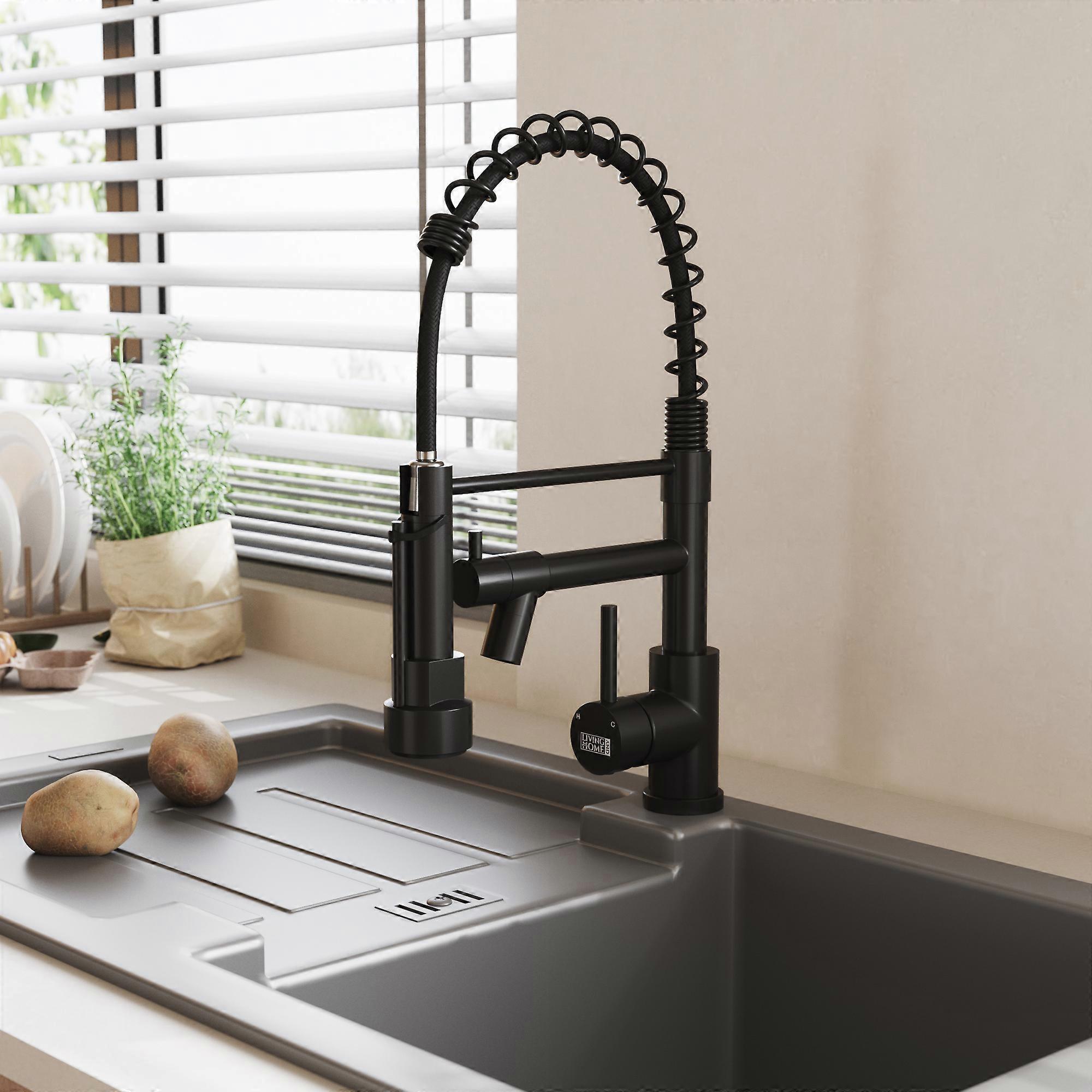 Living And Home Black Stainless Steel Kitchen Faucet with Pull Down Spring Spout and Pot Filler Kitchen Tap Mixer Tap