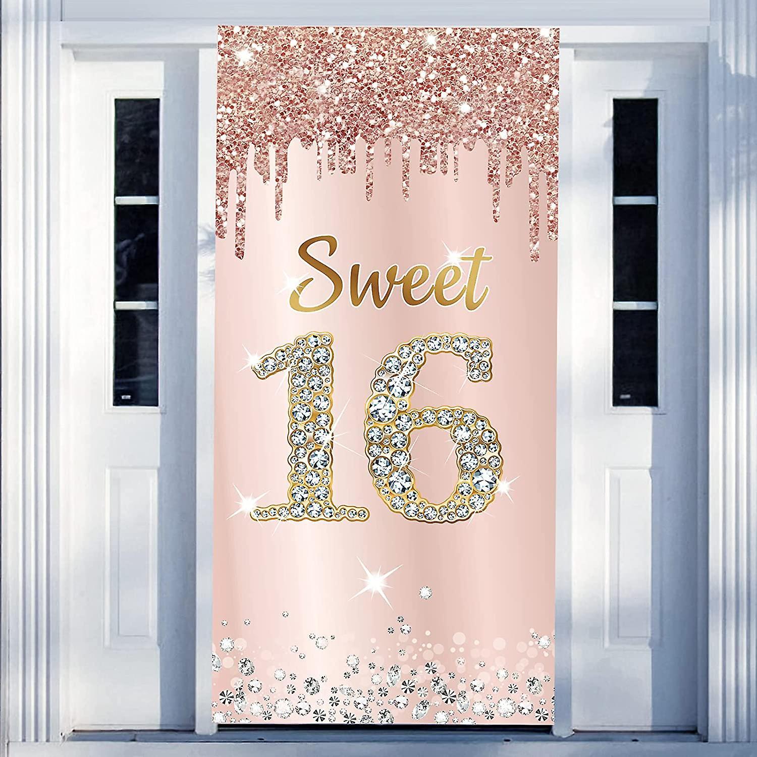 Ubiuo Sweet 16 Birthday Door Banner Backdrop Decorations For Girls, Pink Rose Gold Happy 16th Birthday Party Door Cover Sign Supplies, Sixteen Year...