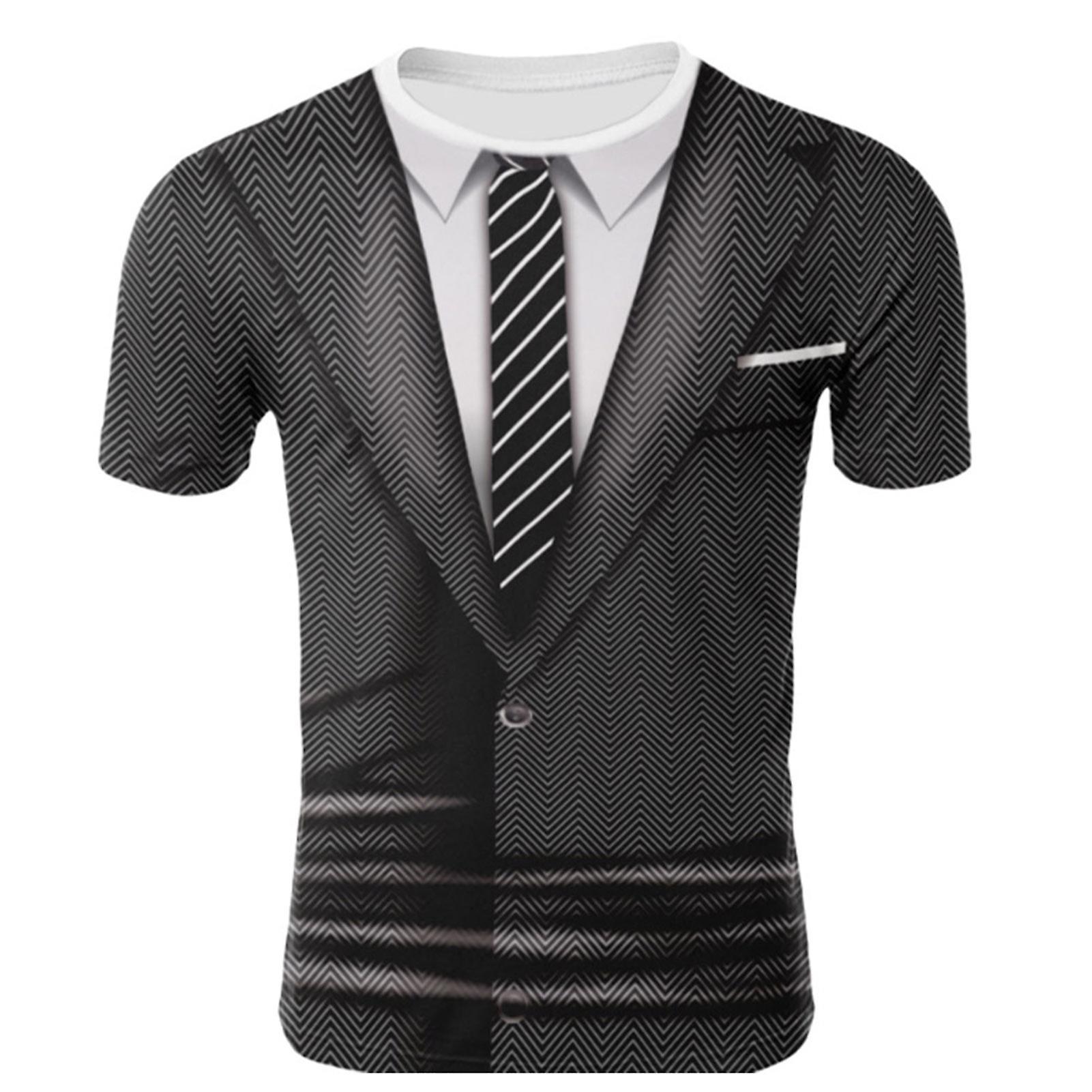 Fianao Fashion Men 3D Suit Tie Printed Tee Top Short Sleeve Round Neck Slim Fit T-Shirt M