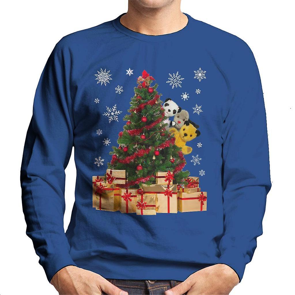 Sooty Christmas Characters Peeking Around Xmas Tree Men's Sweatshirt Royal Blue Small