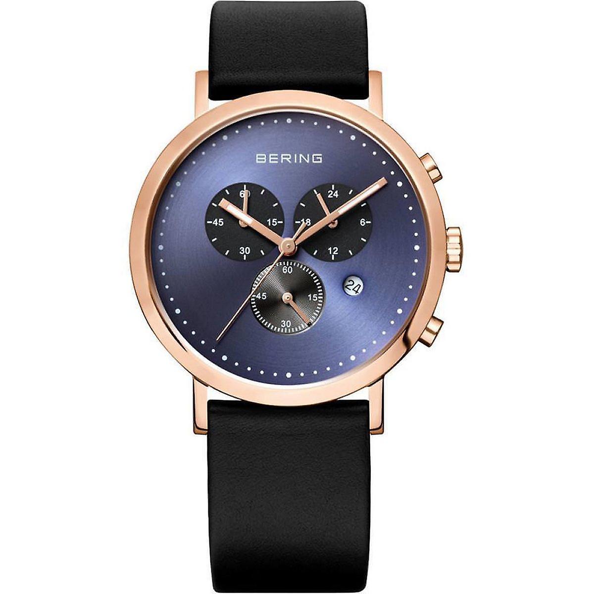 Bering Mens Watch Classic Chronograph - 10540-567 Leather Watch Rose Gold