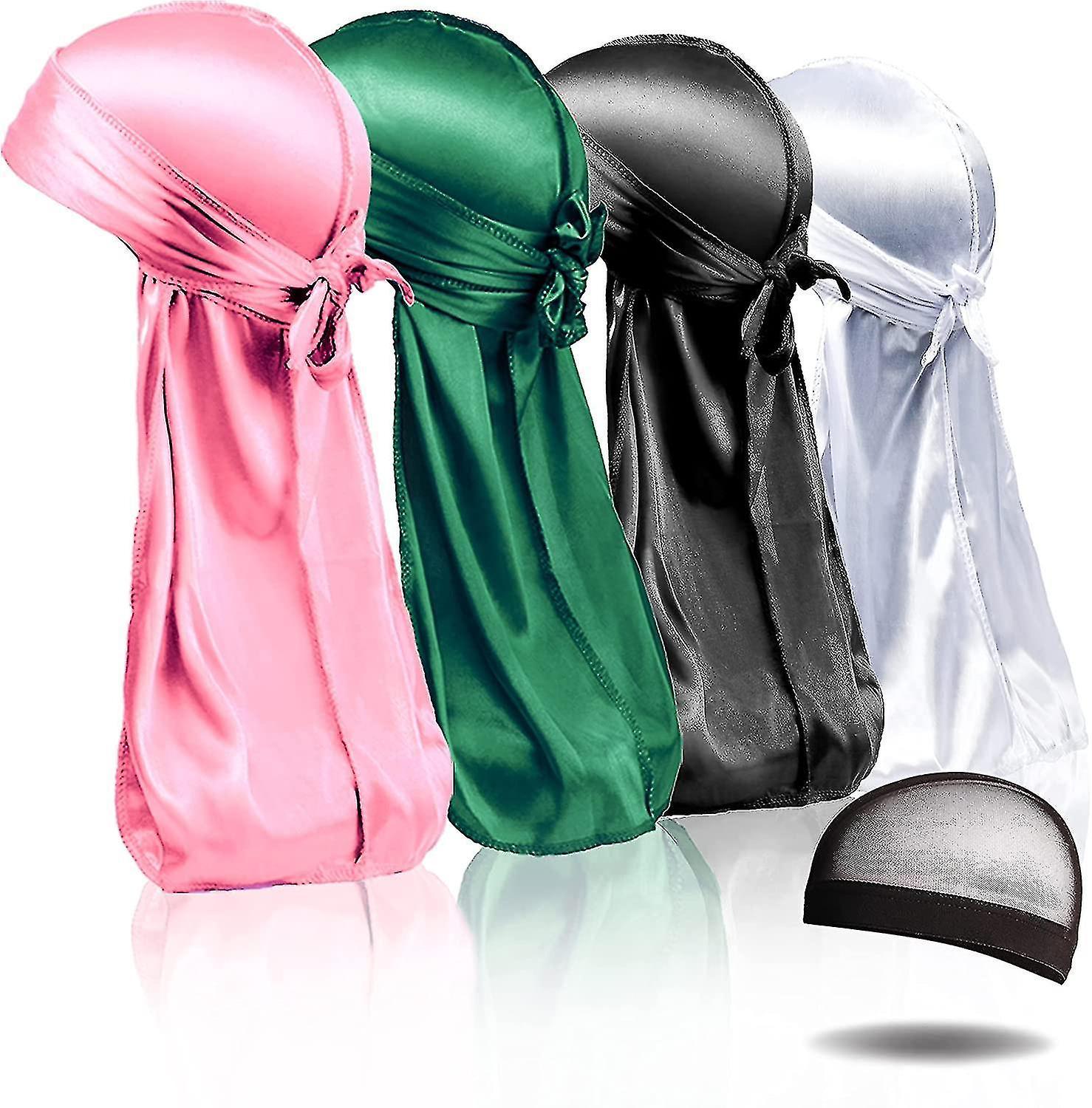 Banmo 4pcs Silky Durags, Silk Durag For Men Women Waves, Silk Durag Pack With 1 Wave Cap, Silky Satin Durag Extra Long Tails black