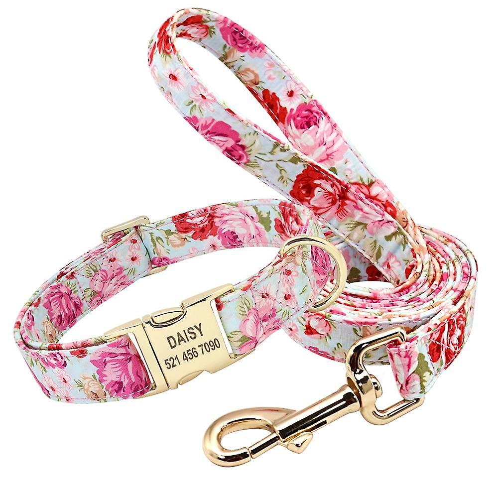 HOD Health & Home Handmade Personalized Floral Nylon Printed Dog Collar And Leash Sets Pink M-Collar And Leash