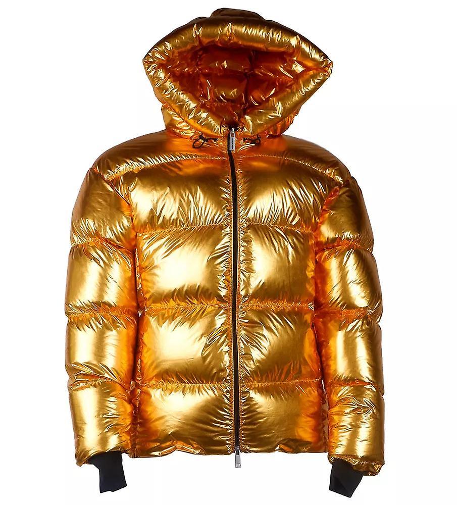 Centogrammi women's yellow gold short nylon down jacket with hood yellow/gold