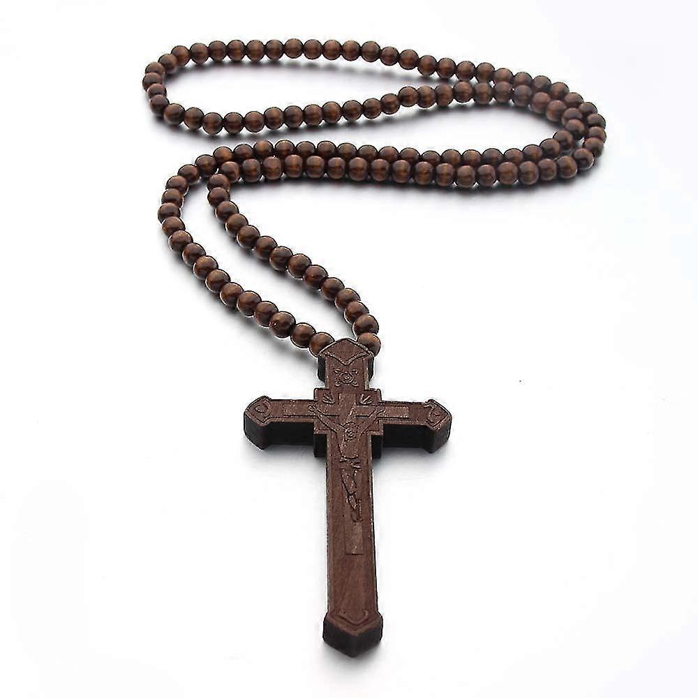 Bluezoo Wooden Large Big Wood Bead Religious Catholic Crucifix Rosary Cross Pendant Necklace for Men,Coffee,Easter Gift-sy