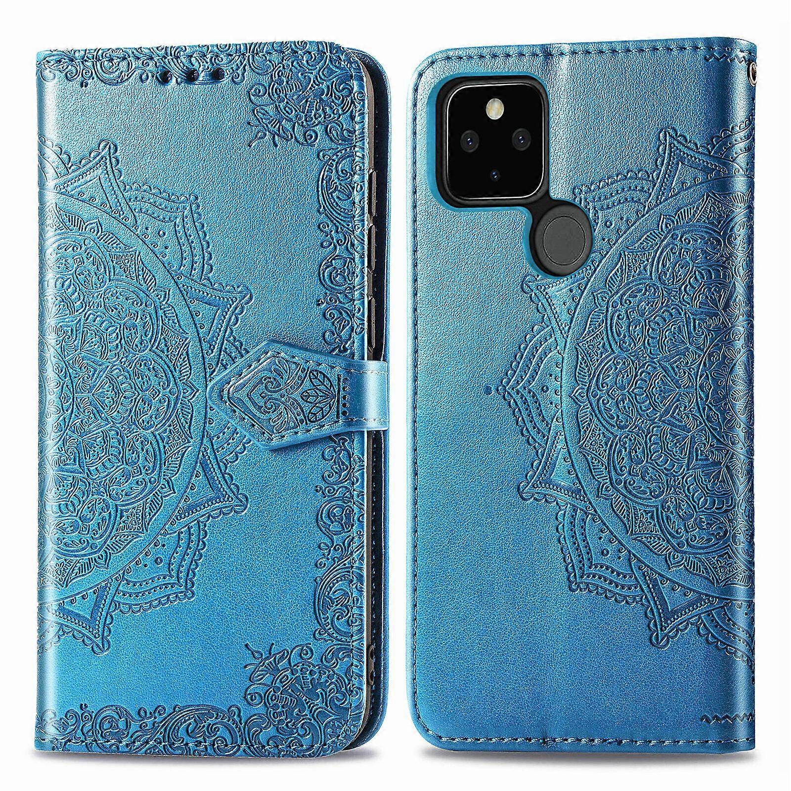 Gangxun Case for Google Pixel 5 Cover Emboss Mandala Leather Wallet Magnetic Flip Case Card Holder Slots - Green Blue A