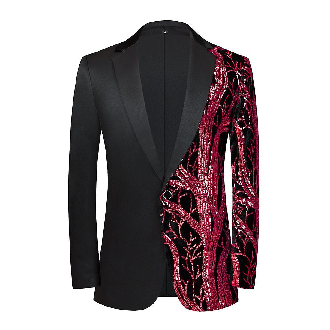 Allthemen Mens Slim Fit Sequin Tree Spliced Banquet Party Blazer red M