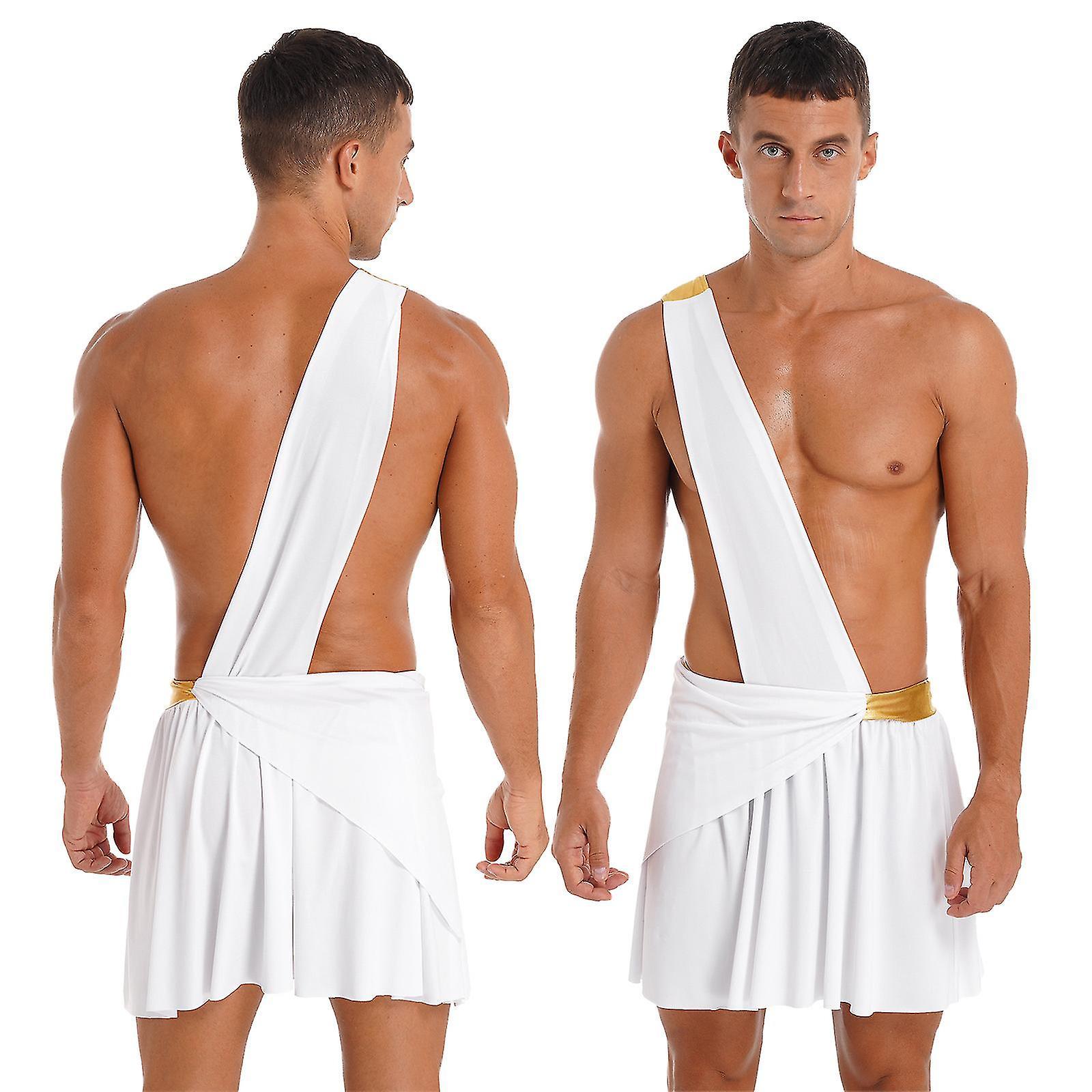 Aswei Ancient Greek God Gladiator Costume Mens One Shoulder Strap Gladiator Skirt Halloween Theme Party Toga Mythology Cosplay Suit A White XL