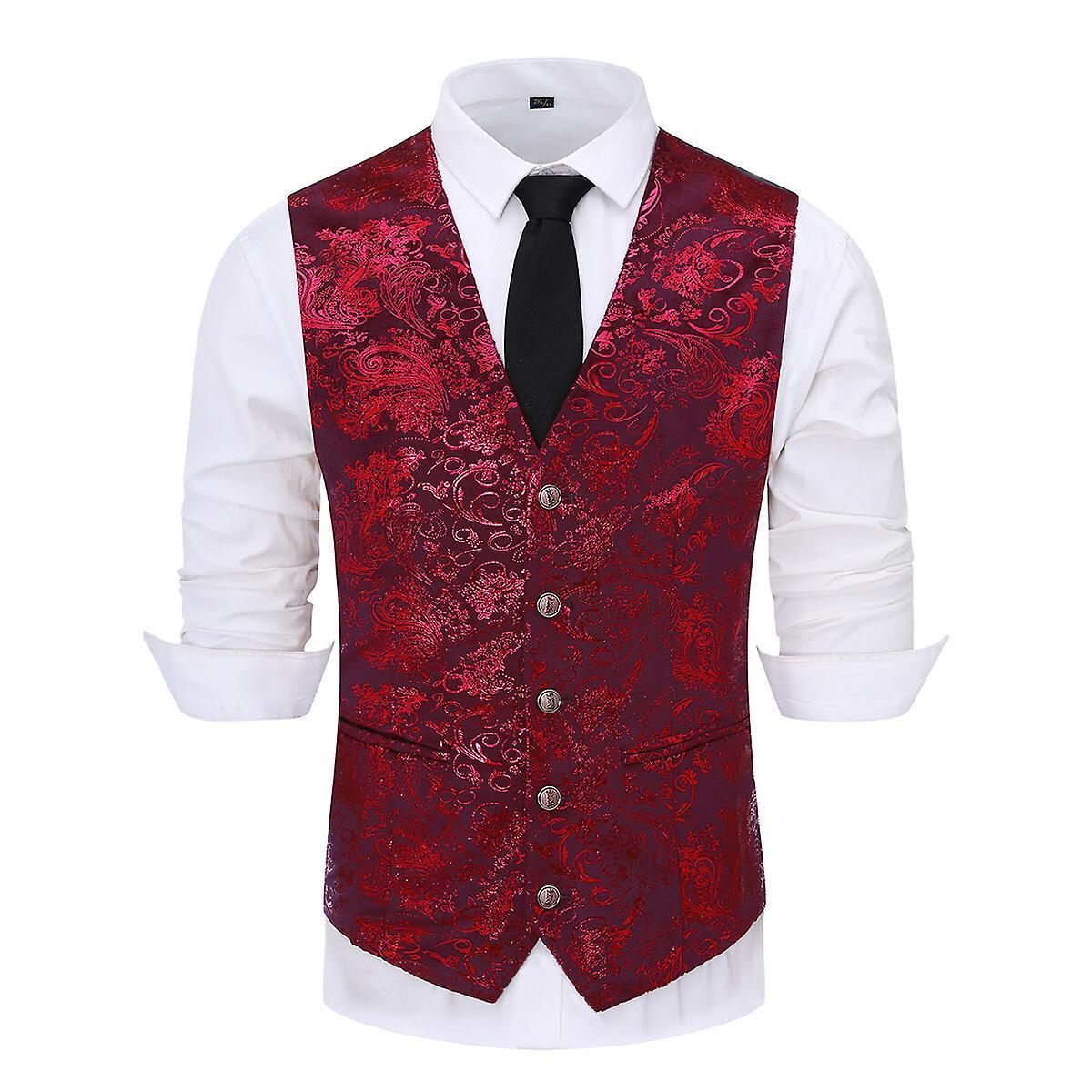 Sliktaa Mens Hipster Metallic Paisley Printed V-Neck Suit Vest Tuxedo Waistcoat Red 2XL