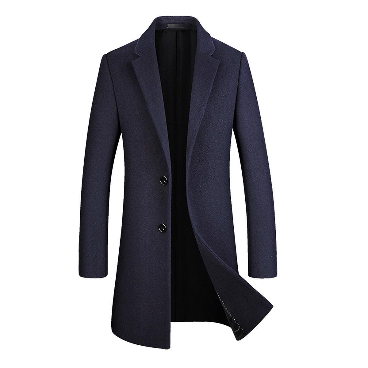 Allthemen Mens Casual Mid-Length Solid Lapel Overcoat Navy Blue L