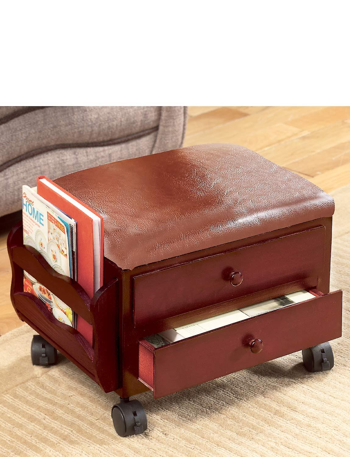 Chums | Quality | Padded Storage Footstool With Drawers Magazine Rack And Lockable Castors Mahogany One Size